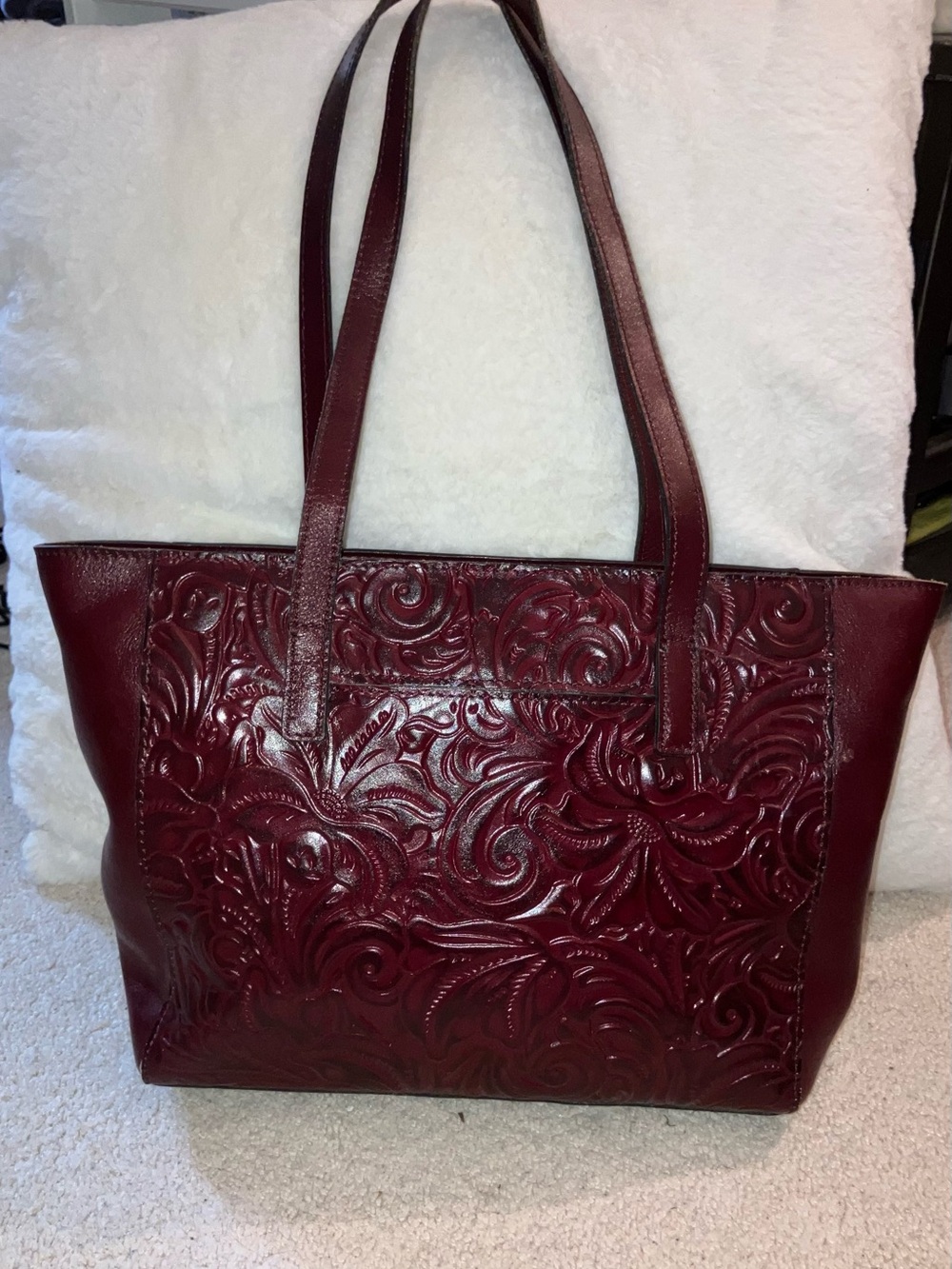 Patricia Nash Dark Red Burgundy Embossed Leather Tote Bag
